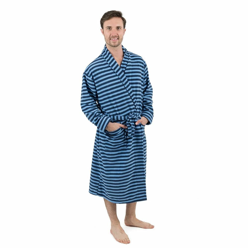 Leveret Mens Fleece Robe Blue and Navy Striped