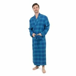 Leveret Mens Flannel Robe Navy and Blue Striped